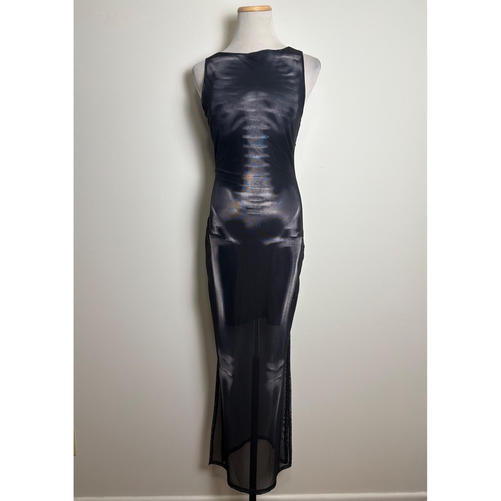 SHEIN Skeleton Print Sheer Mesh Maxi Dress S Gothic BodyCon Halloween Grunge